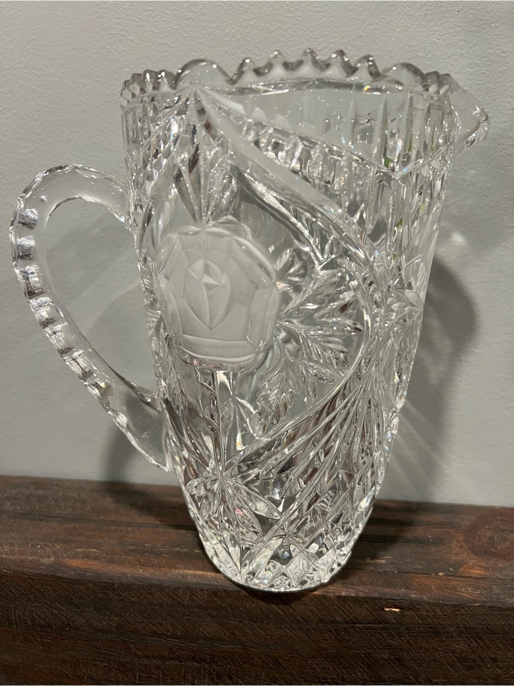 Crystal Pitcher Frosted Rose Anna Hutte Bleikristall 8" Germany Cut Flower